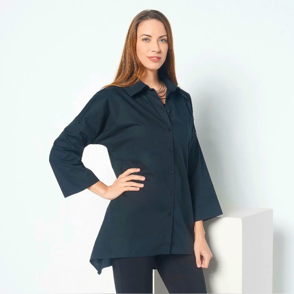 Truth + Style Button Down Black Dolman Sleeve Shark Bite Hem